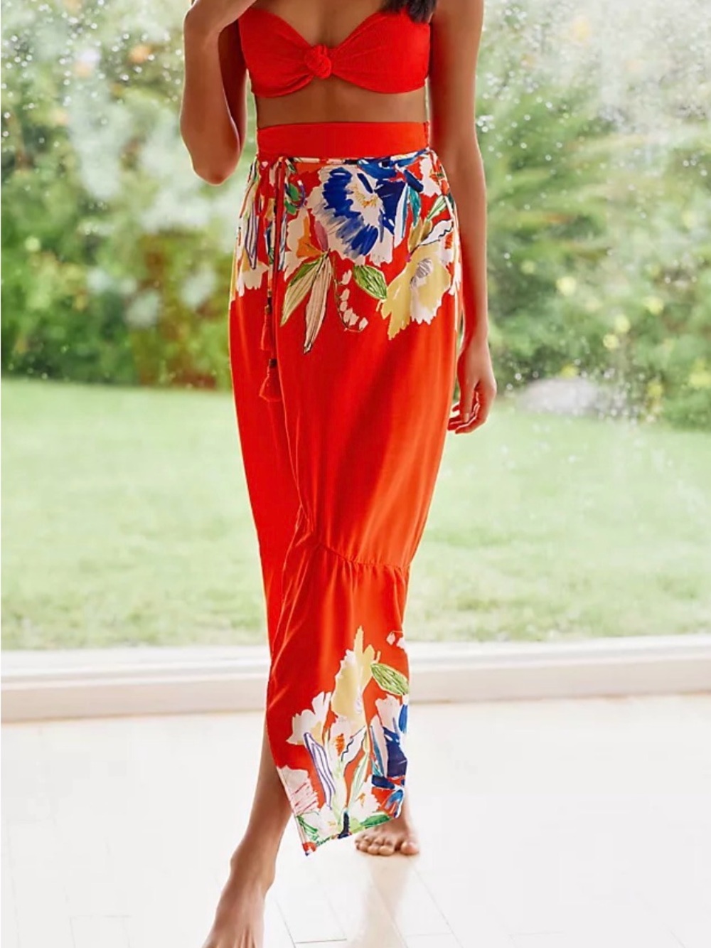Anthropologie Maaji Autumn Red Floral Wrap Cover-Up Skirt Sarong NWT Large